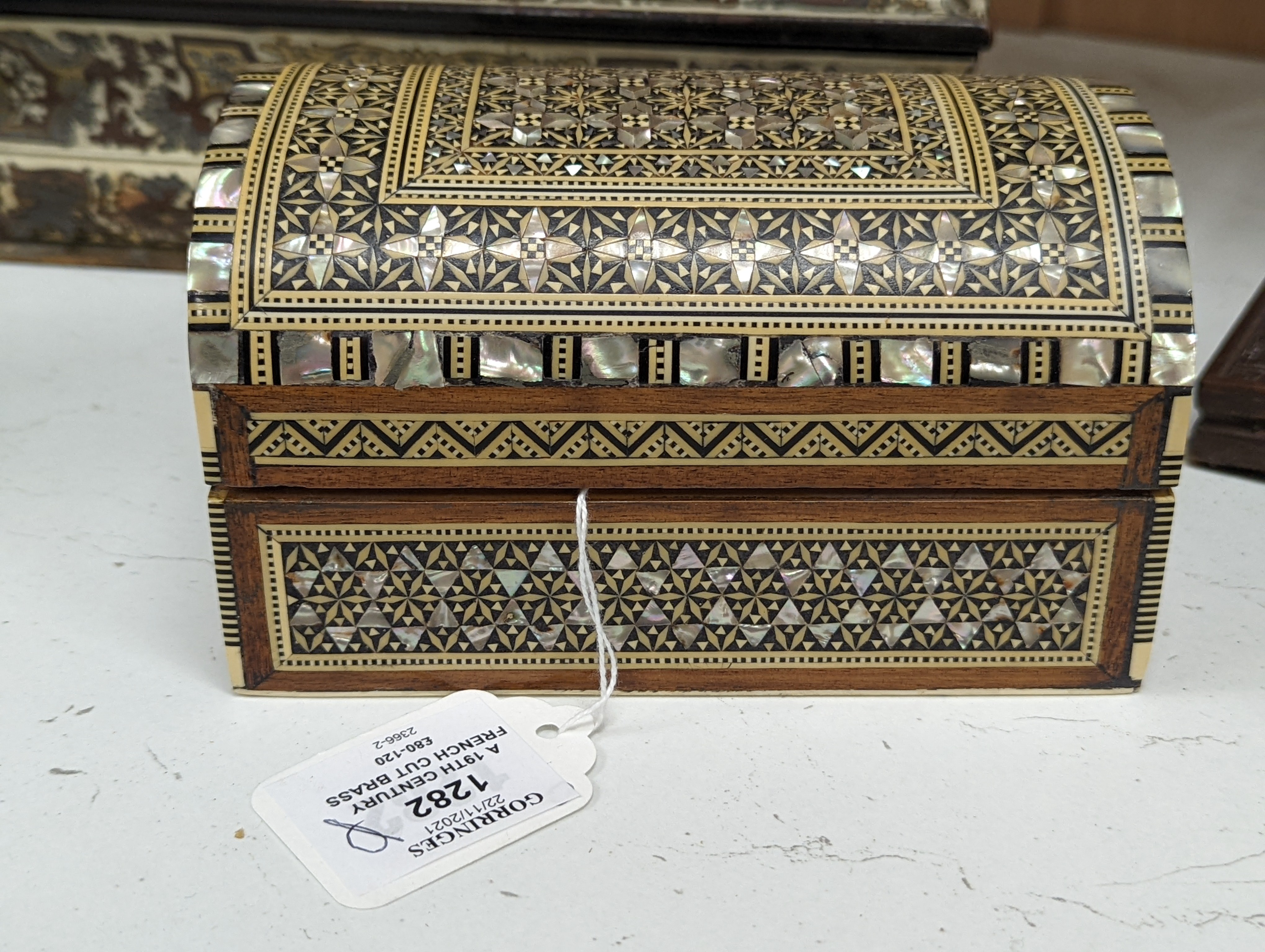 A 19th century French cut brass pewter and ivory inlaid jewellery box, h 10cm, 27 x 19cm, together with a parquetry box (2)